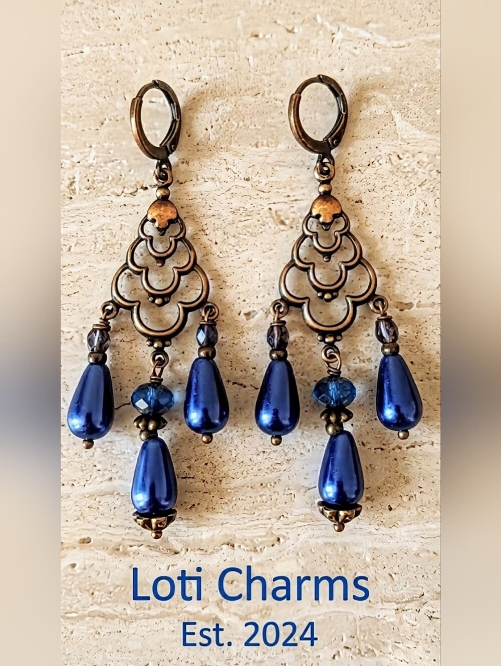 Victorian Steel Blue Glass Teardrops In Brass Chandelier Earrings